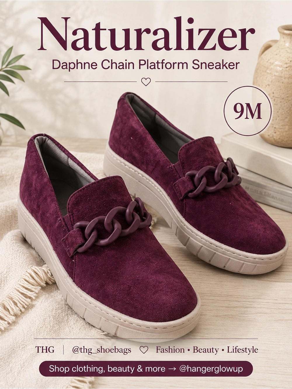 Retail: $110 Naturalizer Daphne Burgundy Suede Chain Platform Sneaker 9M NEW